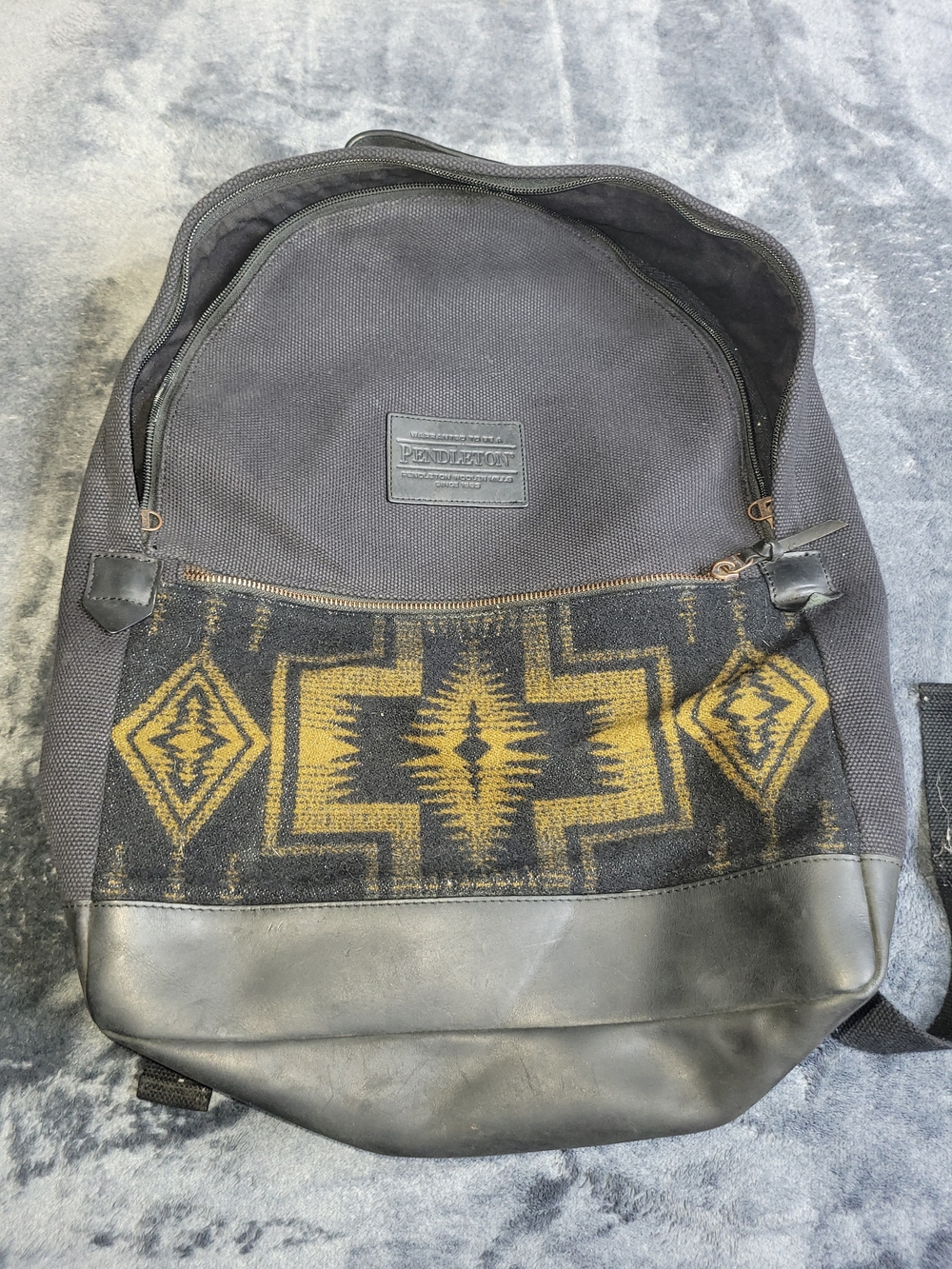 Pendleton Black and Gold Geometric Thick Canvas And Leather Backpack